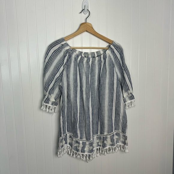 John Mark Top XL Linen Floral Stripes Embroidered Tassels Casual Coastal - Picture 1 of 10